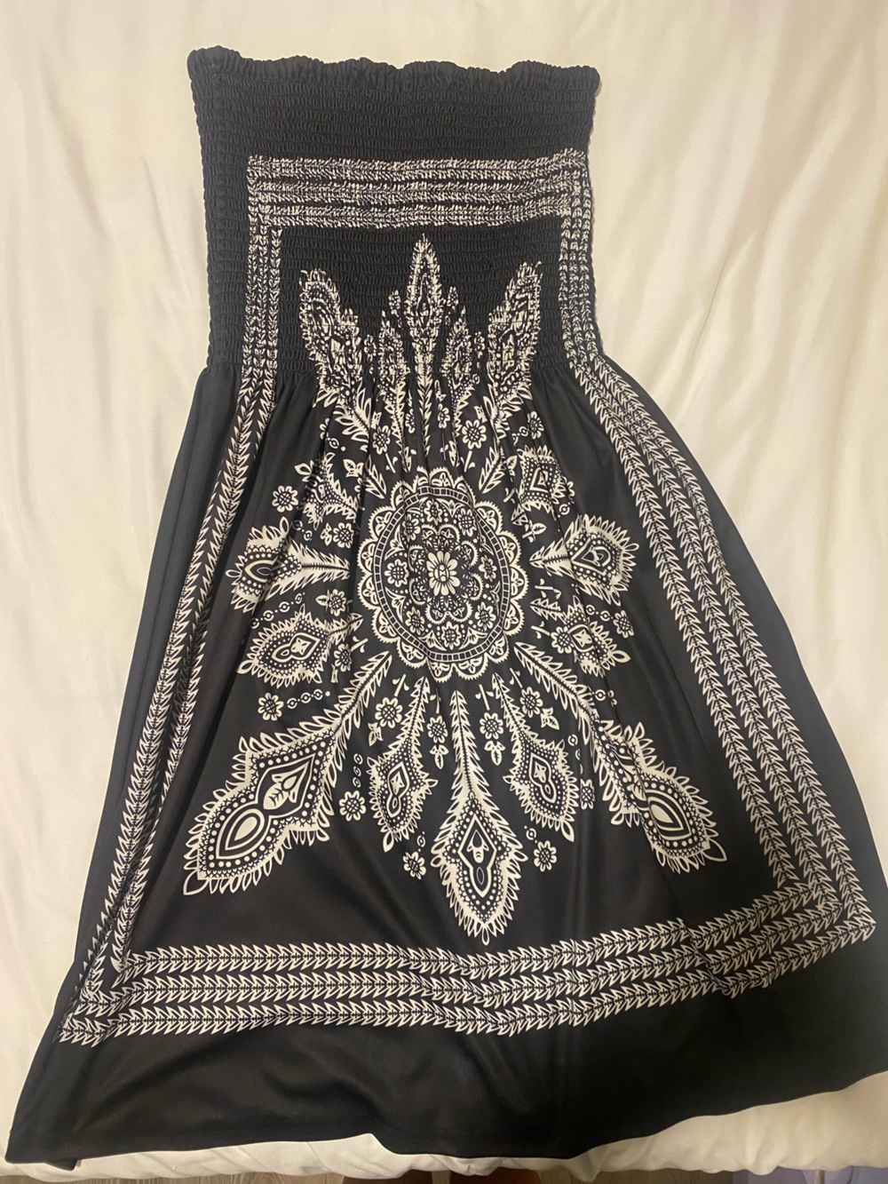 Black Strapless Dress with White Mandala Print